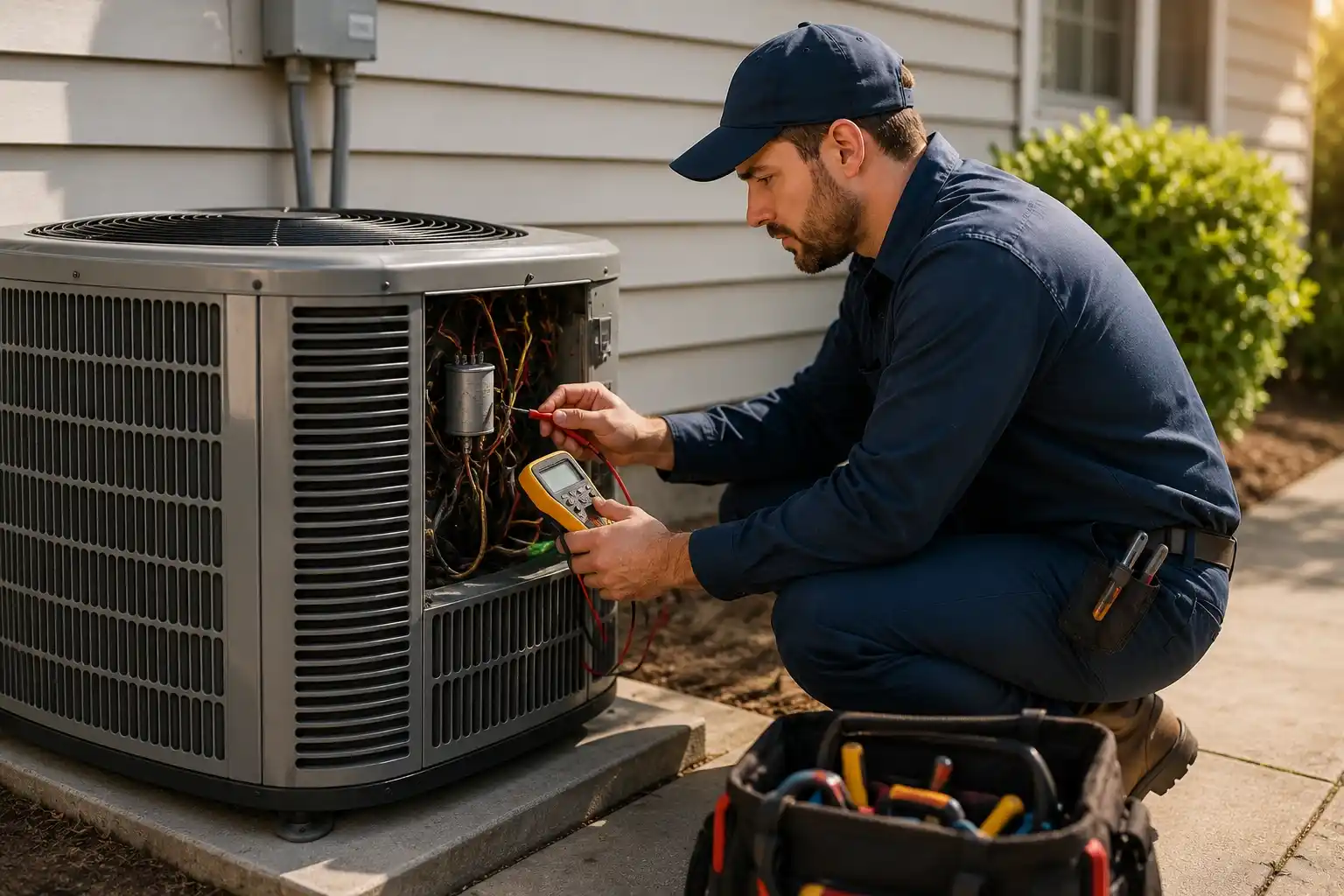HVAC technician inspecting an outdoor air conditioning unit with diagnostic tools.