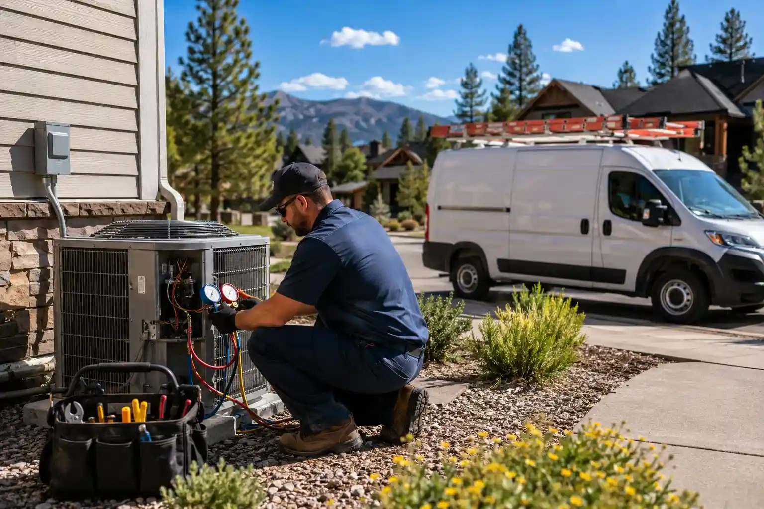 HVAC technician repairing outdoor AC unit in Bend OR