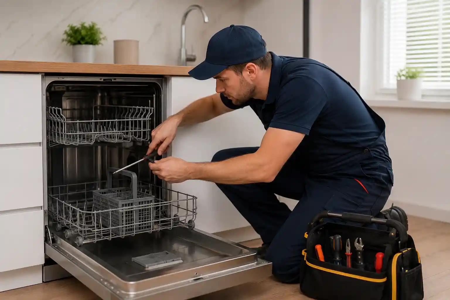 Appliance repair technician servicing a dishwasher in an Awbrey Butte home in Bend, Oregon.