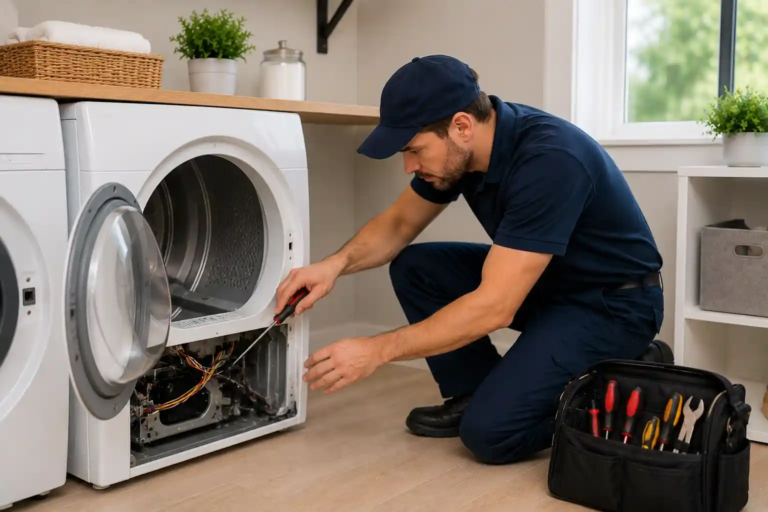 Dryer repair technician fixing a heating and airflow issue in a residential laundry room in Awbrey Butte.
