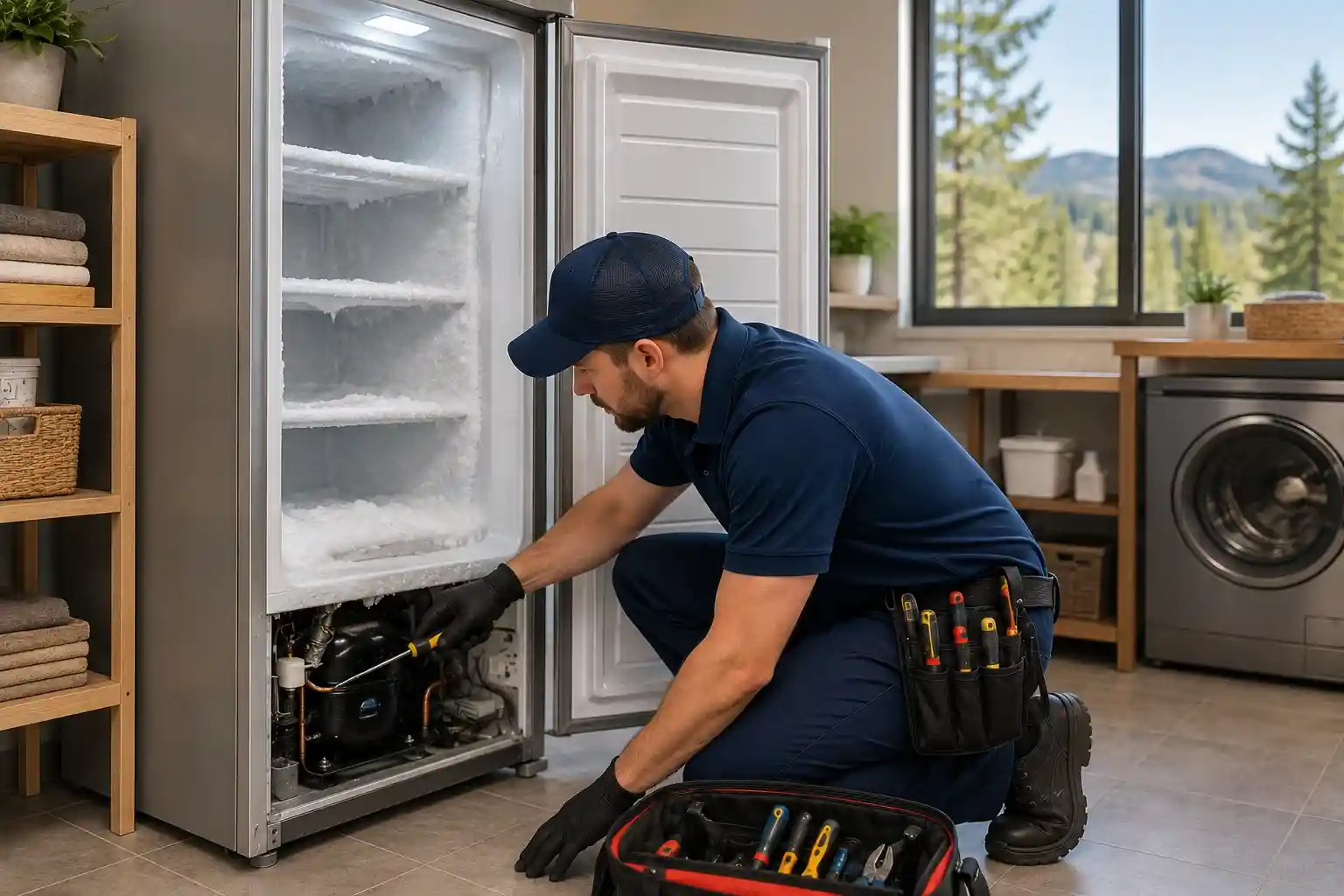 Technician repairing a freezer with frost buildup in an Awbrey Butte home in Bend Oregon.