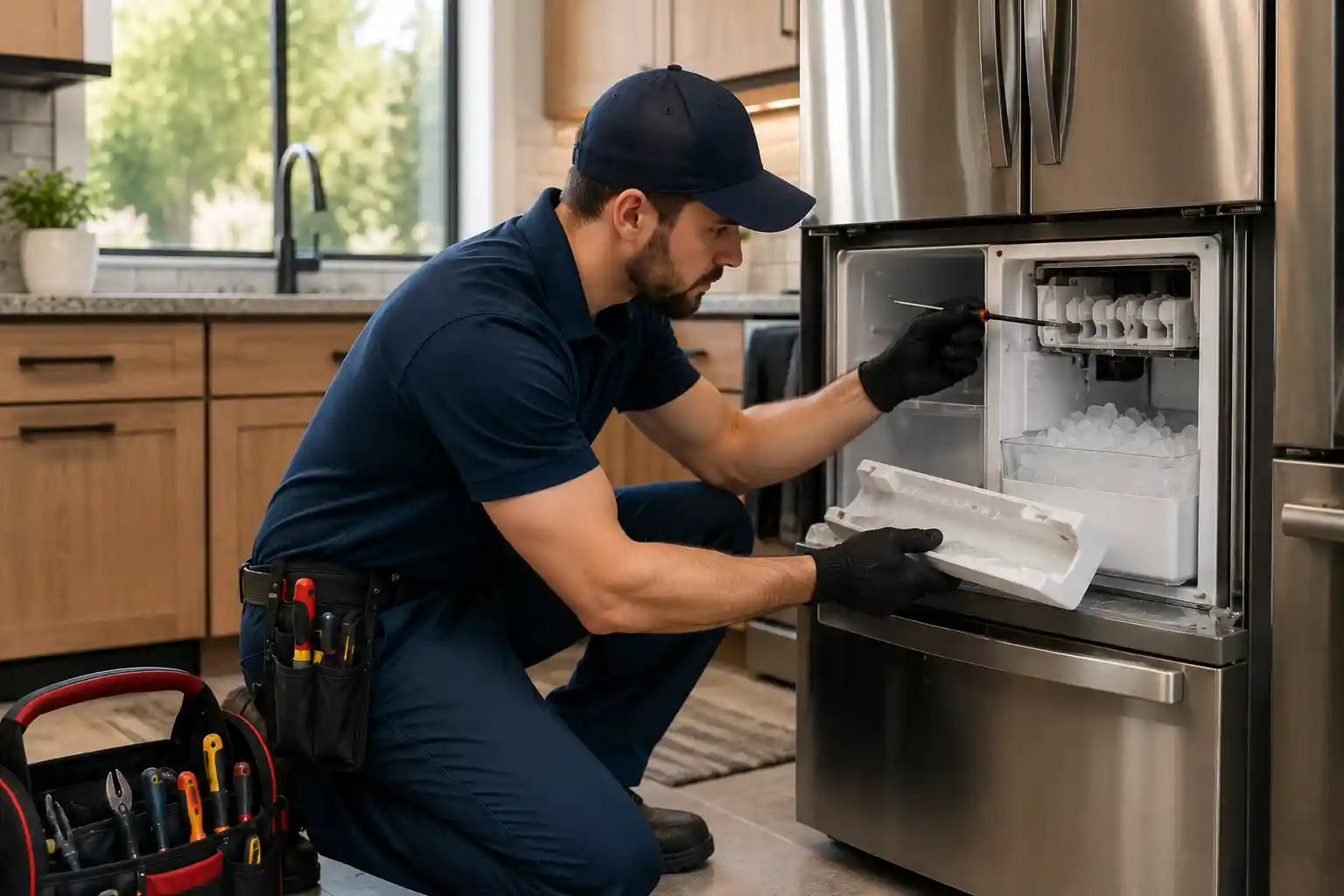 Technician repairing a refrigerator ice maker in an Awbrey Butte home in Bend Oregon.