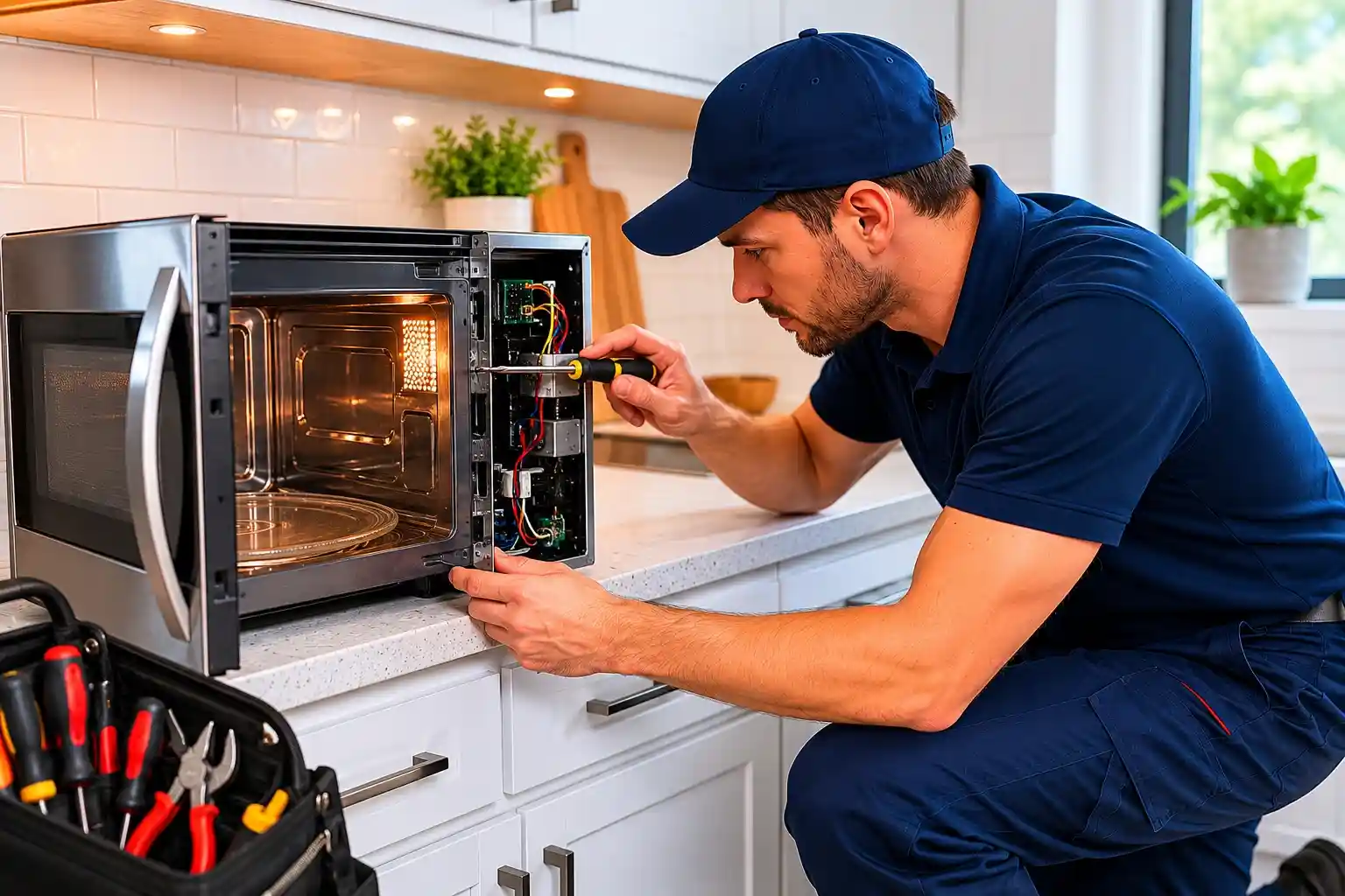 Microwave repair technician diagnosing electrical and door switch issues in an Awbrey Butte home.