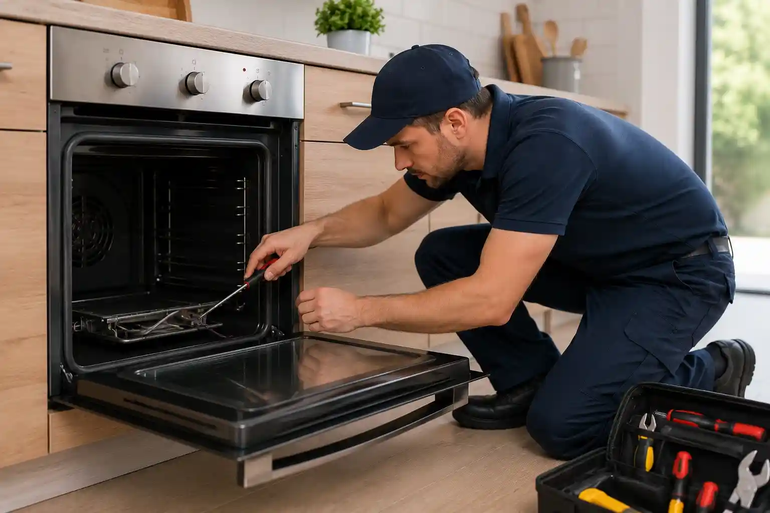 Oven repair technician fixing heating element and temperature control issues in a Bend, Oregon home.