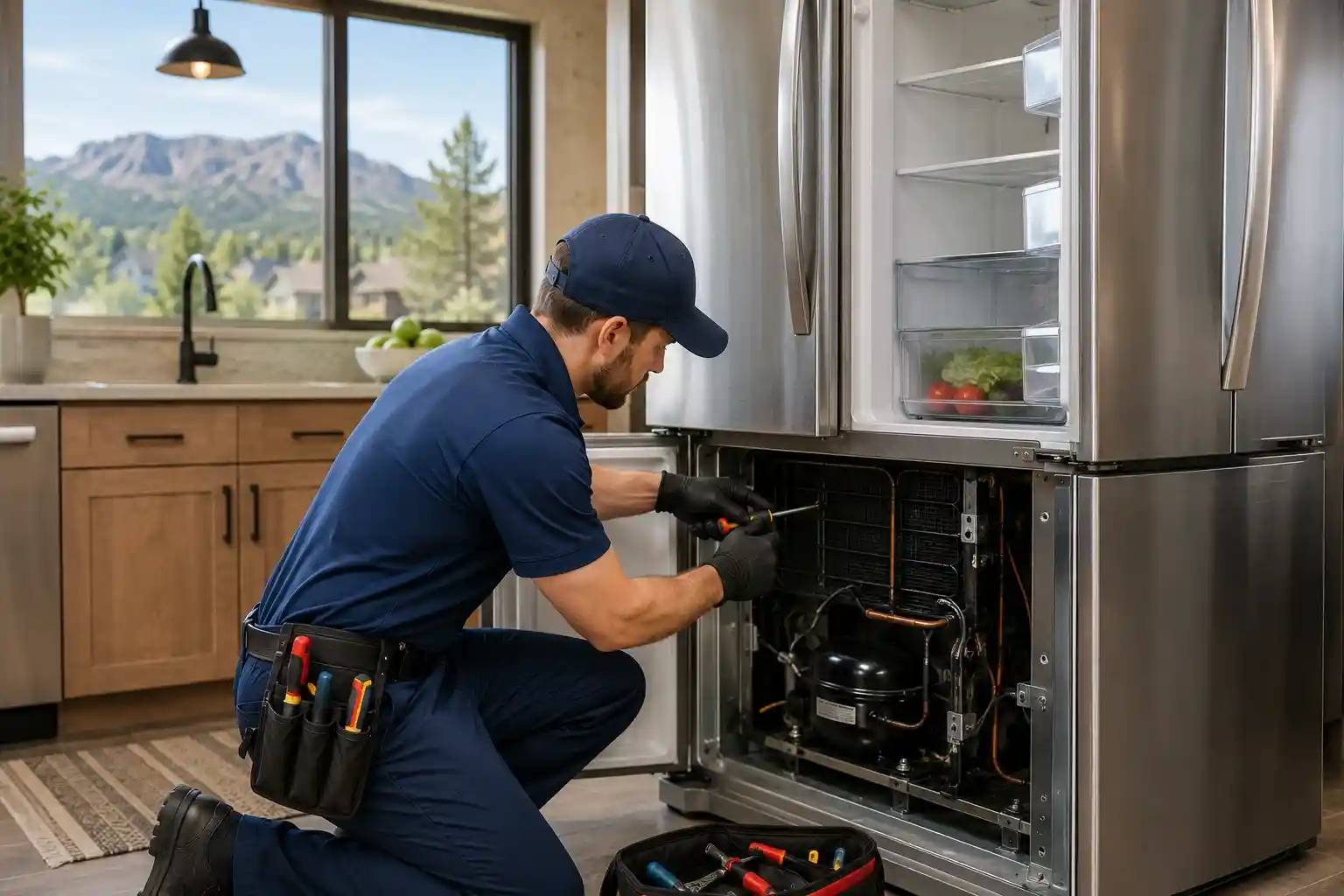 Technician repairing a refrigerator cooling system in an Awbrey Butte home in Bend Oregon.