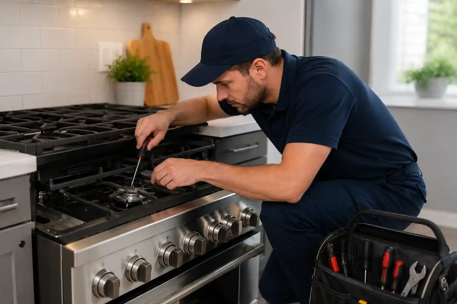 Stove and range repair technician servicing a gas cooking appliance in Awbrey Butte, Bend, Oregon.