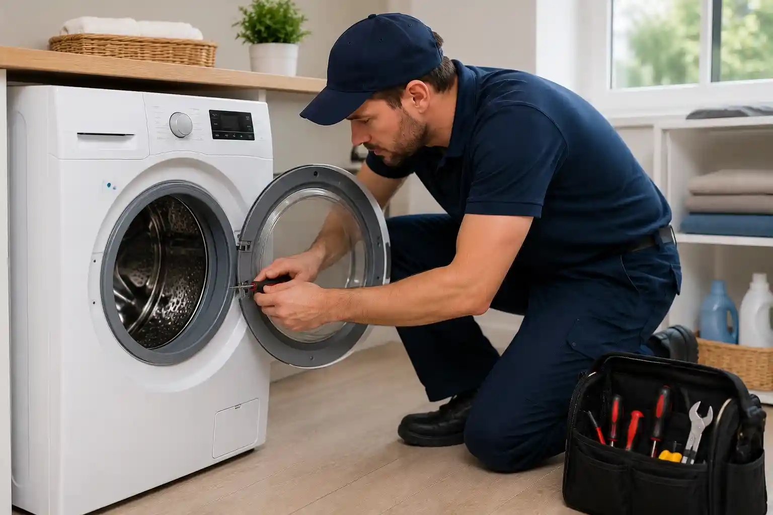 Washer repair technician inspecting a washing machine with drainage and spin cycle issues in Awbrey Butte.
