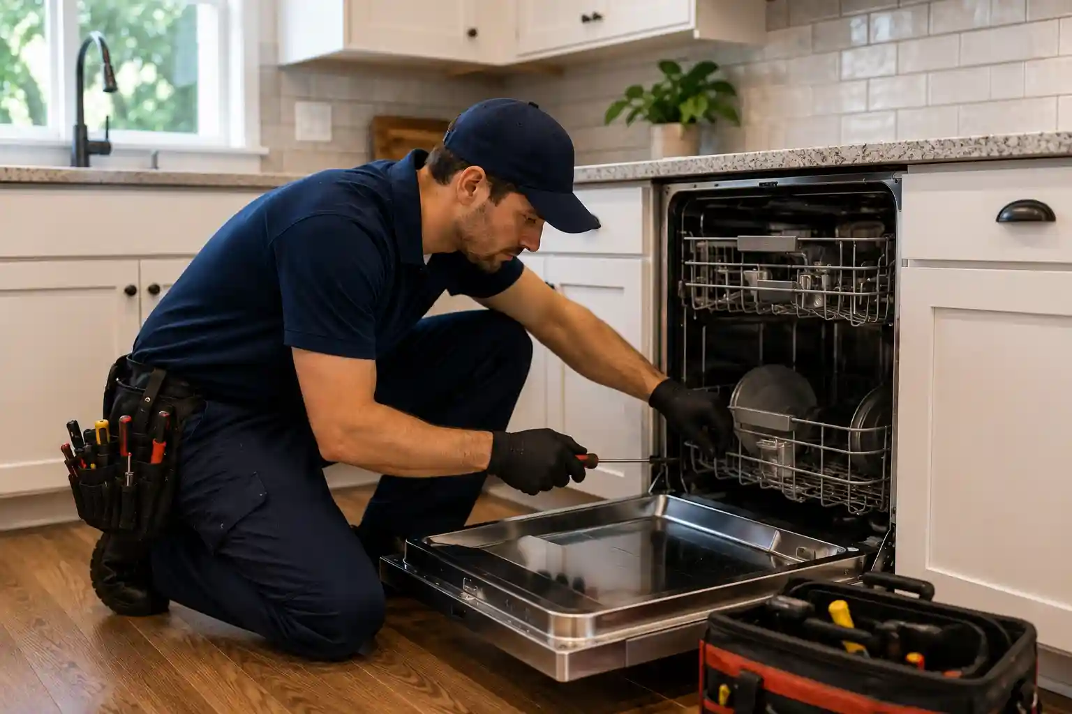Technician repairing a built-in dishwasher in a modern Larkspur CA kitchen.