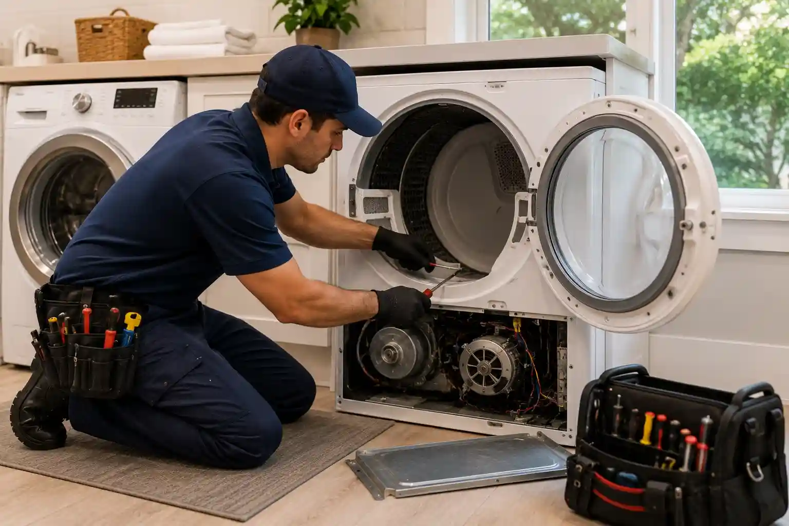 Technician repairing a front-load dryer in a modern laundry room in Larkspur CA.