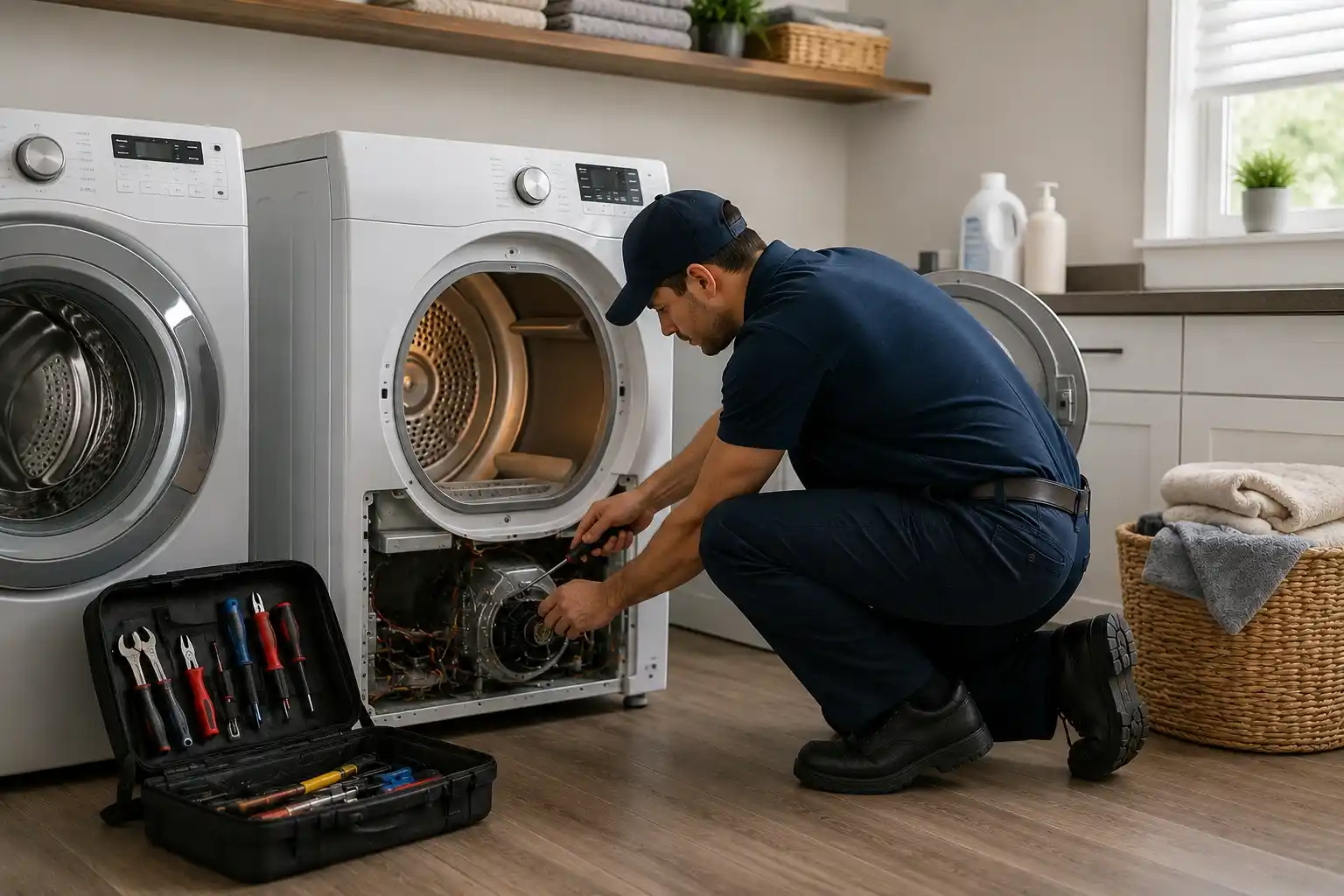 Technician repairing a modern gas dryer in a clean laundry room in Mountain View