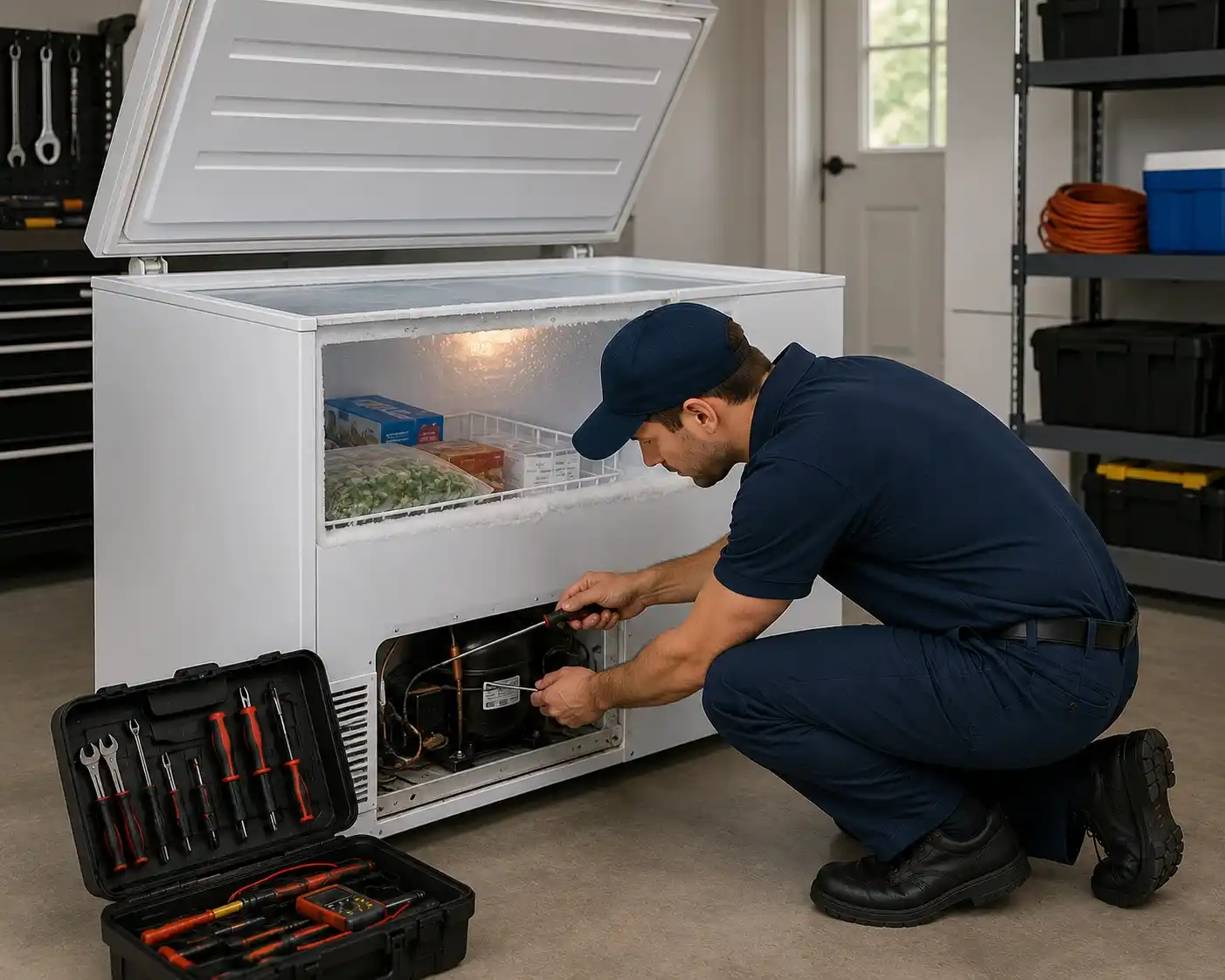  repairing a chest freezer with tools in a modern garage workshop
