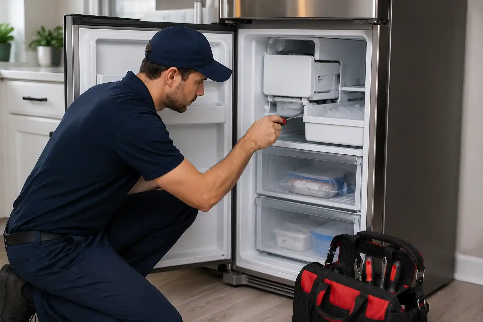 Technician repairing a freezer ice maker in a modern kitchen