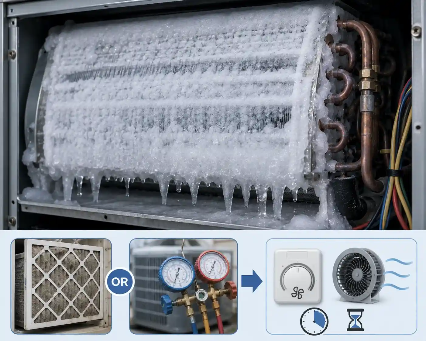 Frozen HVAC evaporator coil covered in ice buildup