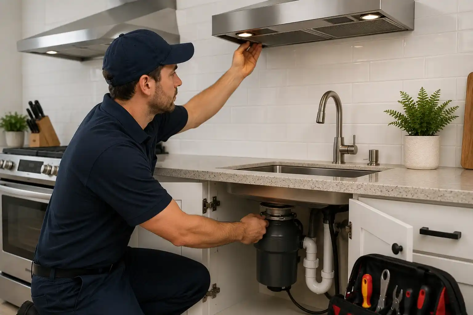 Technician repairing a garbage disposal and range hood in a modern kitchen