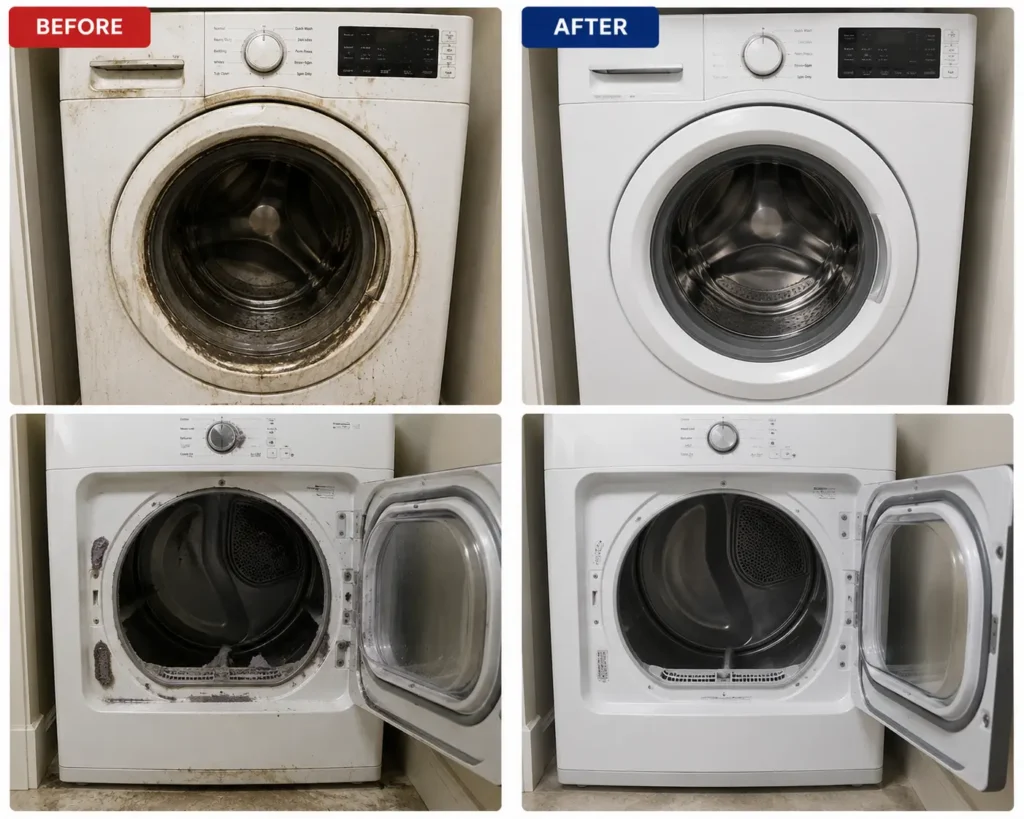 Laundry machines before and after cleaning