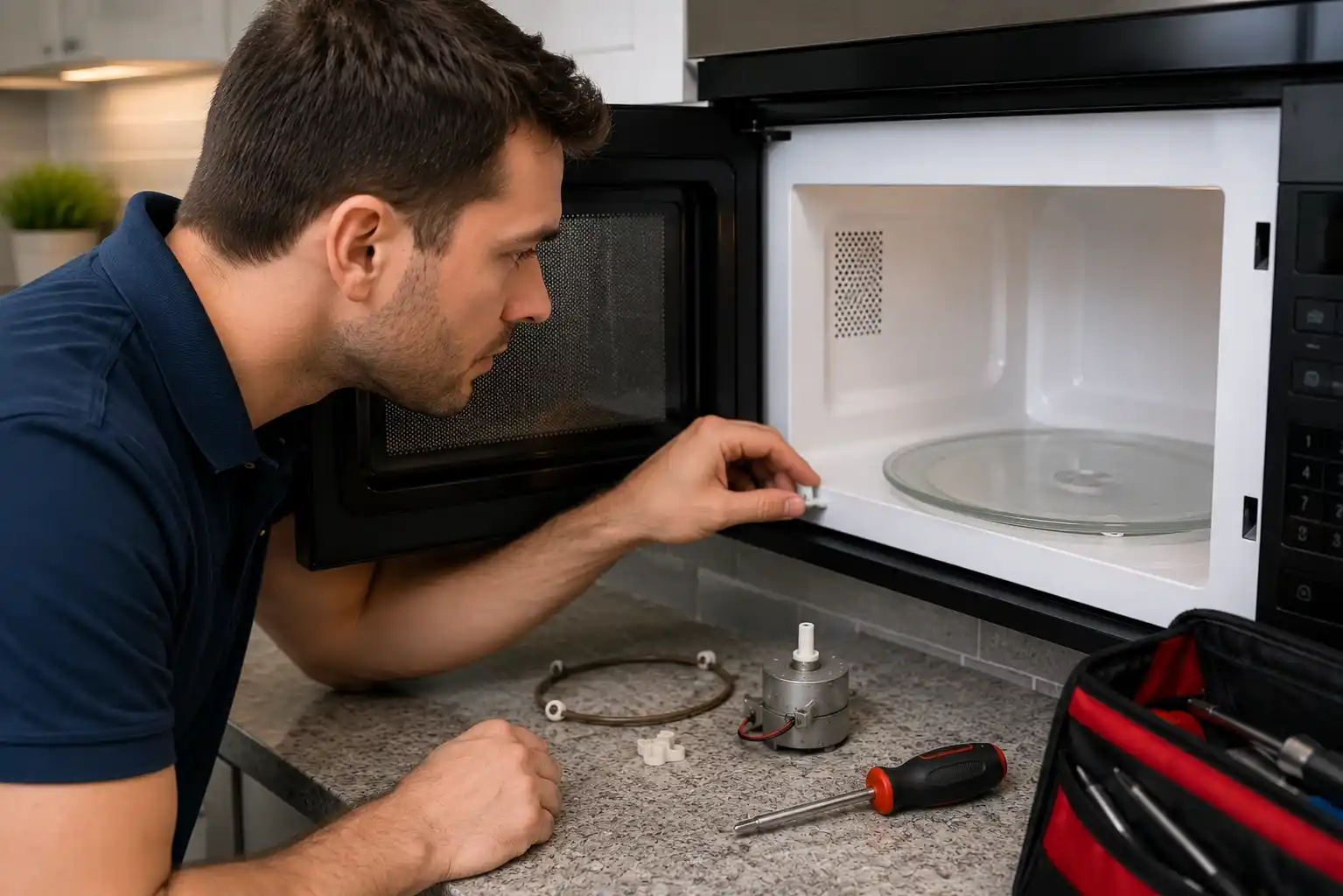 Professional technician repairing a microwave door latch and seal in a modern kitchen