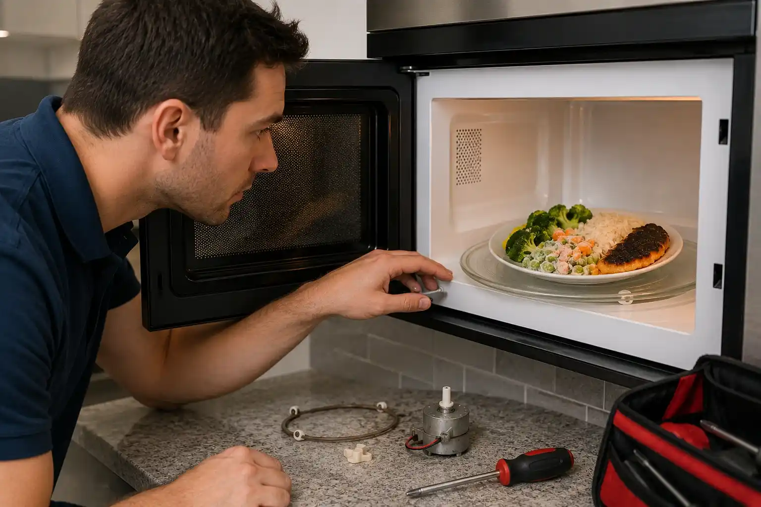 Technician inspecting microwave with unevenly heated food in kitchen