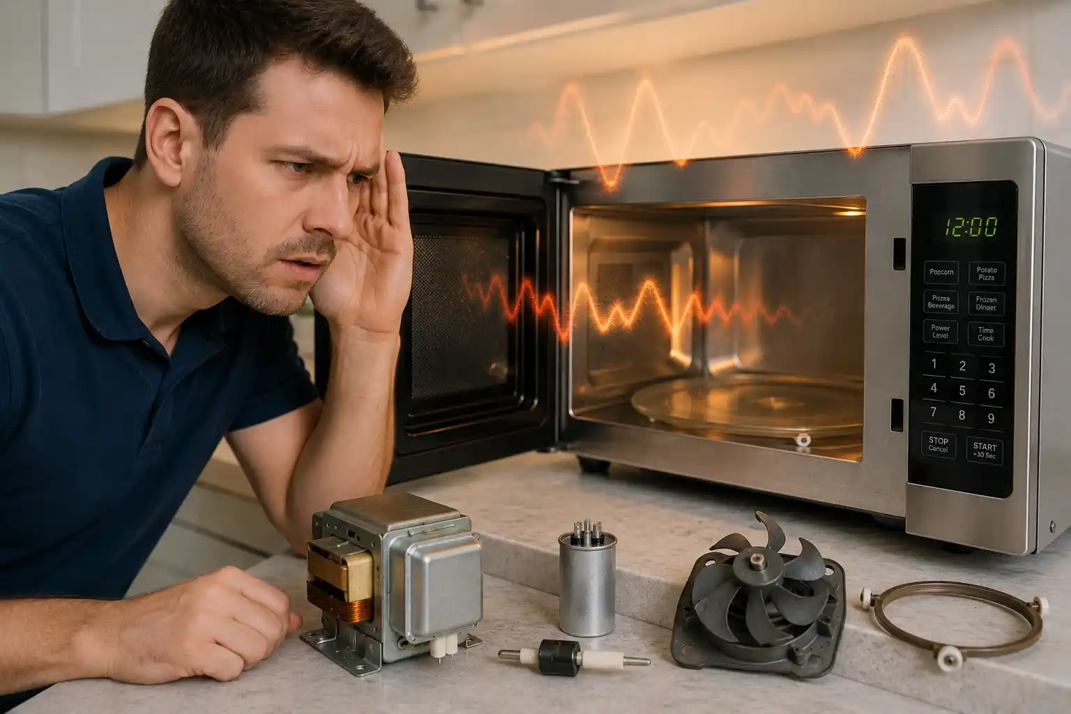 Technician diagnosing loud microwave buzzing and humming noises