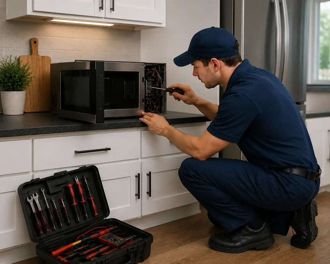 Appliance repair technician fixing a microwave in a modern kitchen with professional tools