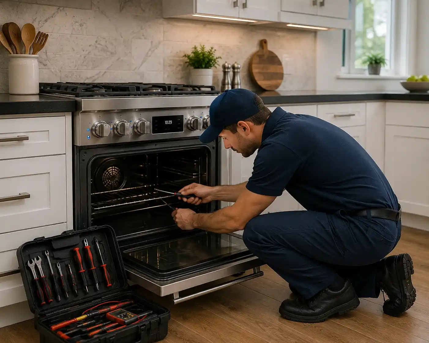 Oven and range repair service fixing uneven heating and burner ignition issues in gas and electric units