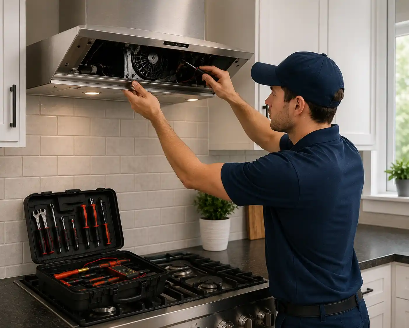 Technician repairing a stainless steel kitchen range hood with professional tools