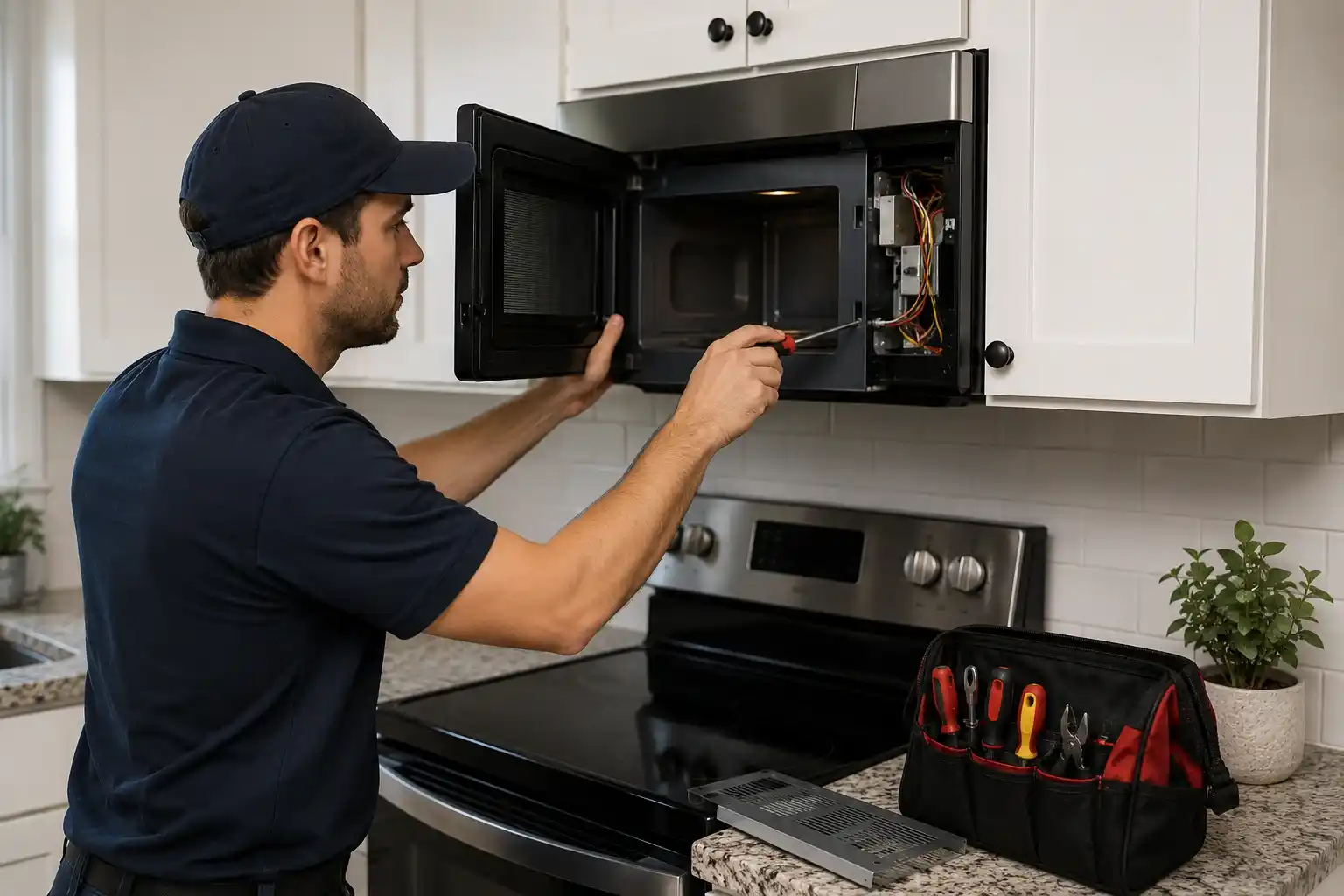 technician repairing an over-the-range microwave in a modern Redmond kitchen