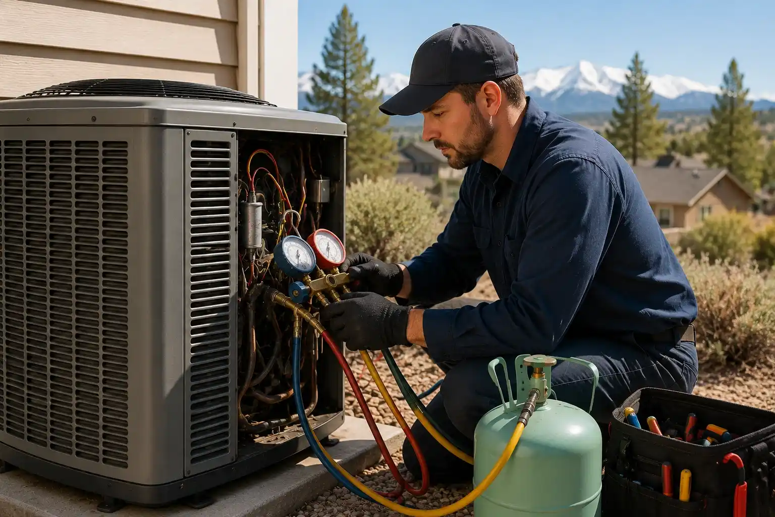 HVAC technician checking refrigerant levels on an outdoor air conditioning unit.