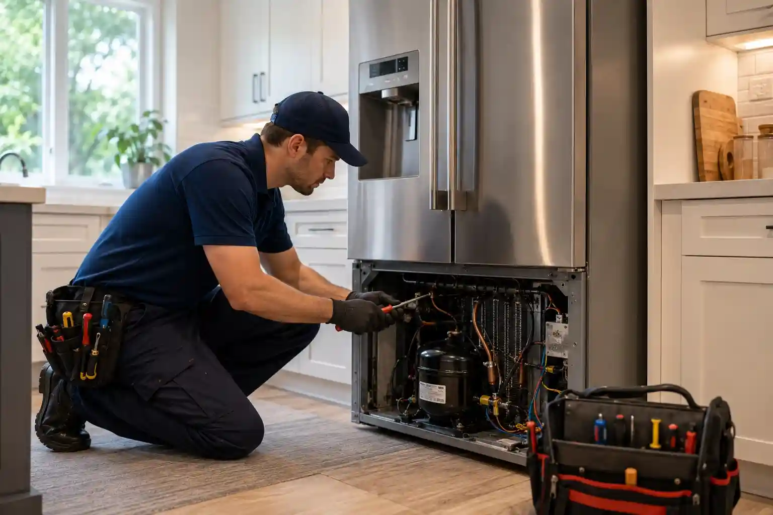 Technician repairing a stainless steel refrigerator in a modern Larkspur CA kitchen.