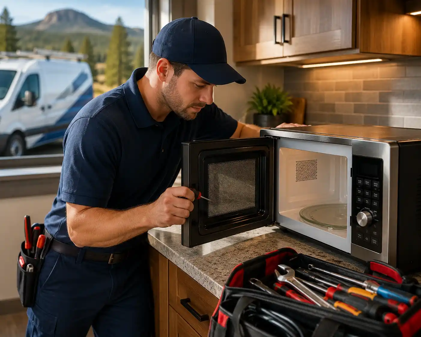 Technician providing same-day microwave repair service in a modern kitchen