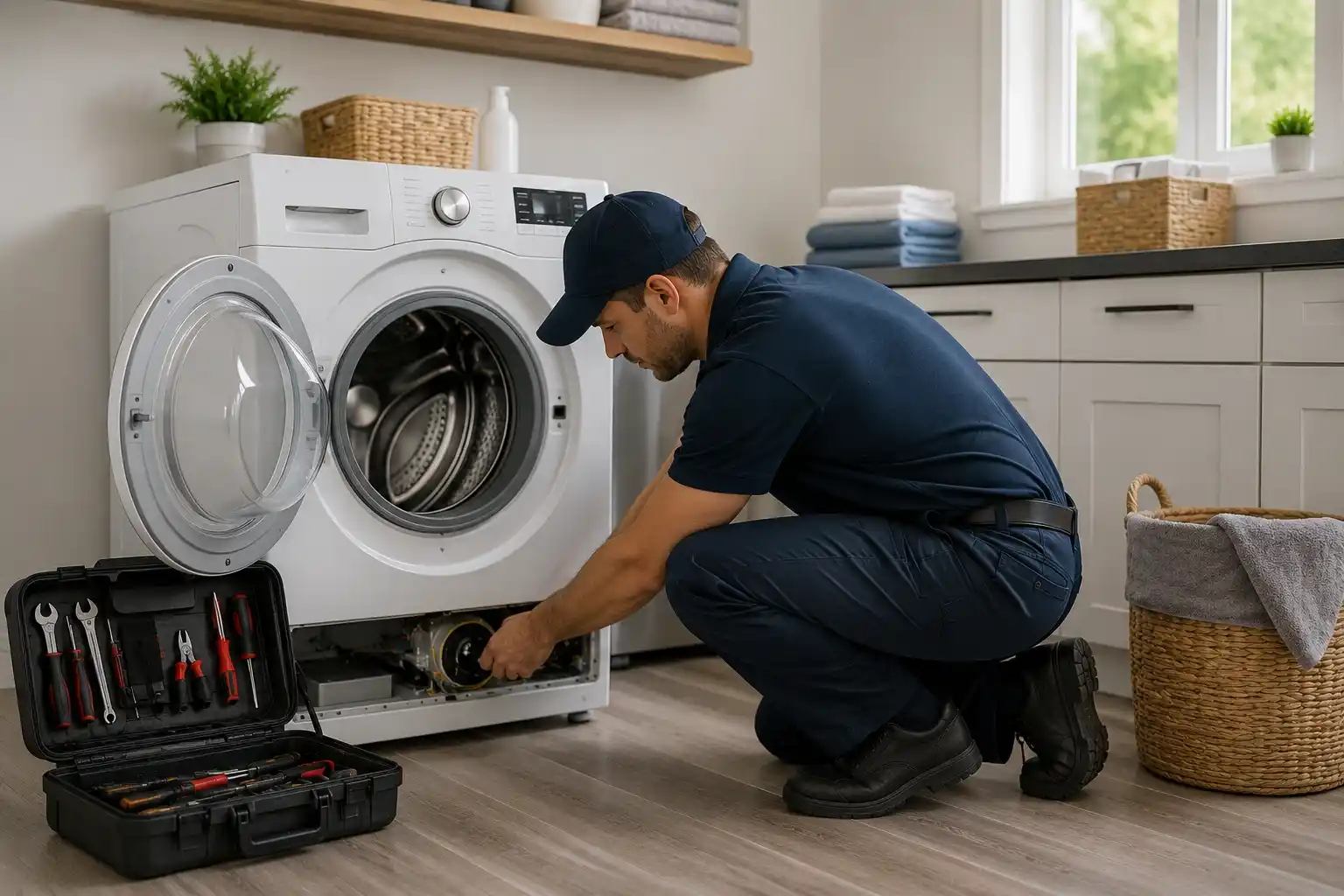 Technician repairing a front-load washing machine in a modern laundry room in Mountain View