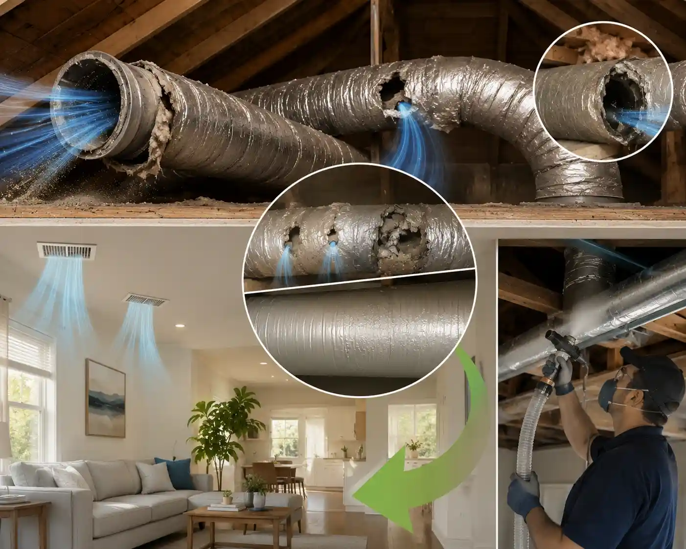 Leaking HVAC ductwork causing weak airflow and energy loss in a home