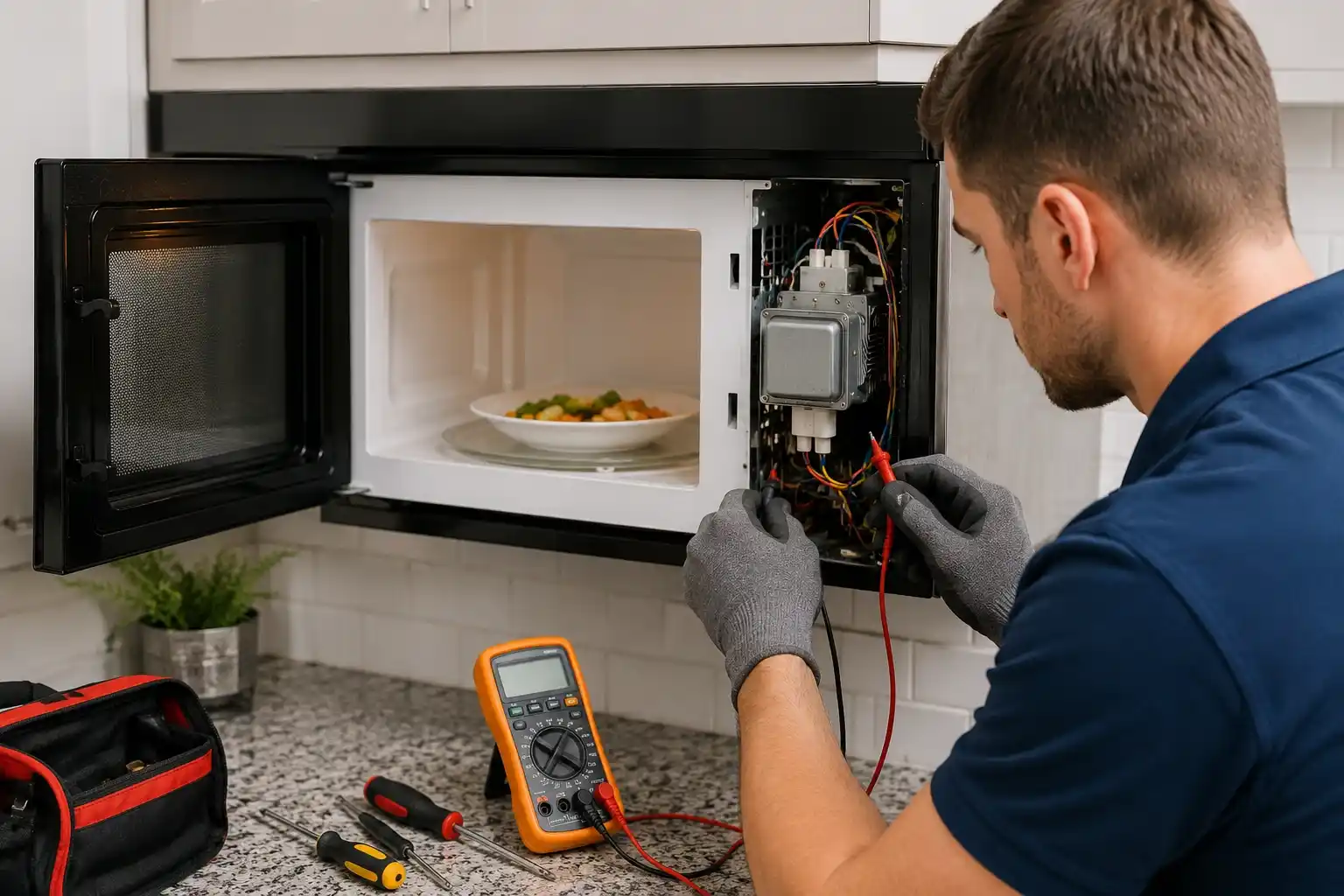 Technician repairing microwave oven in Bend OR kitchen