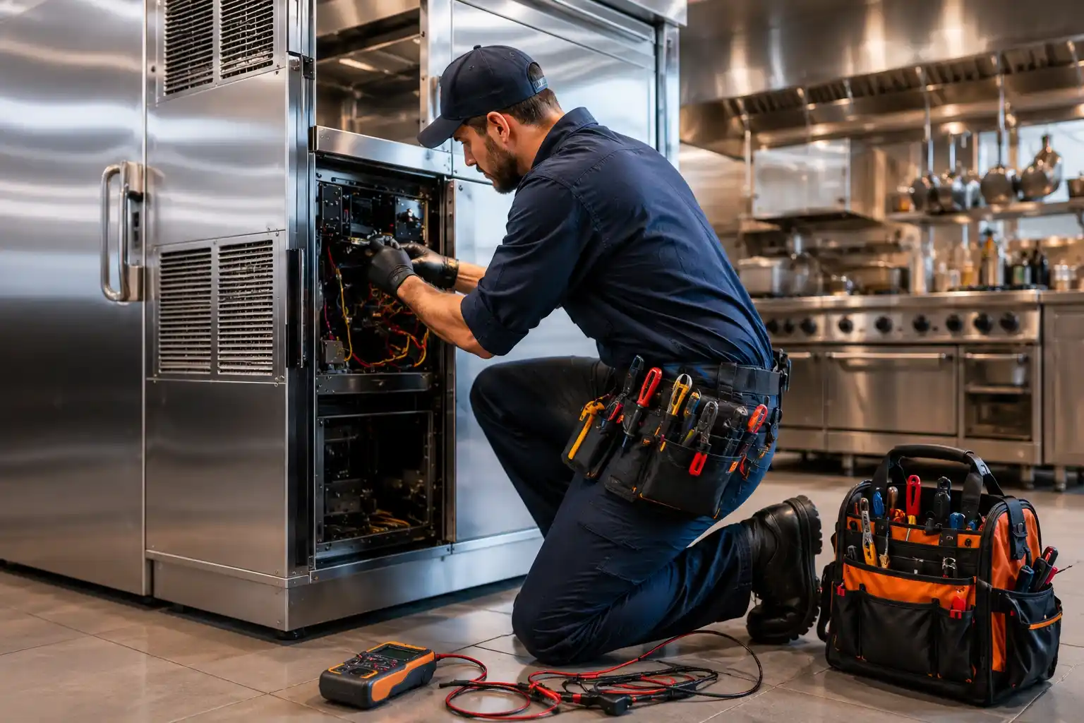 Commercial appliance repair technician fixing industrial kitchen equipment in a restaurant kitchen in Bend, Oregon.
