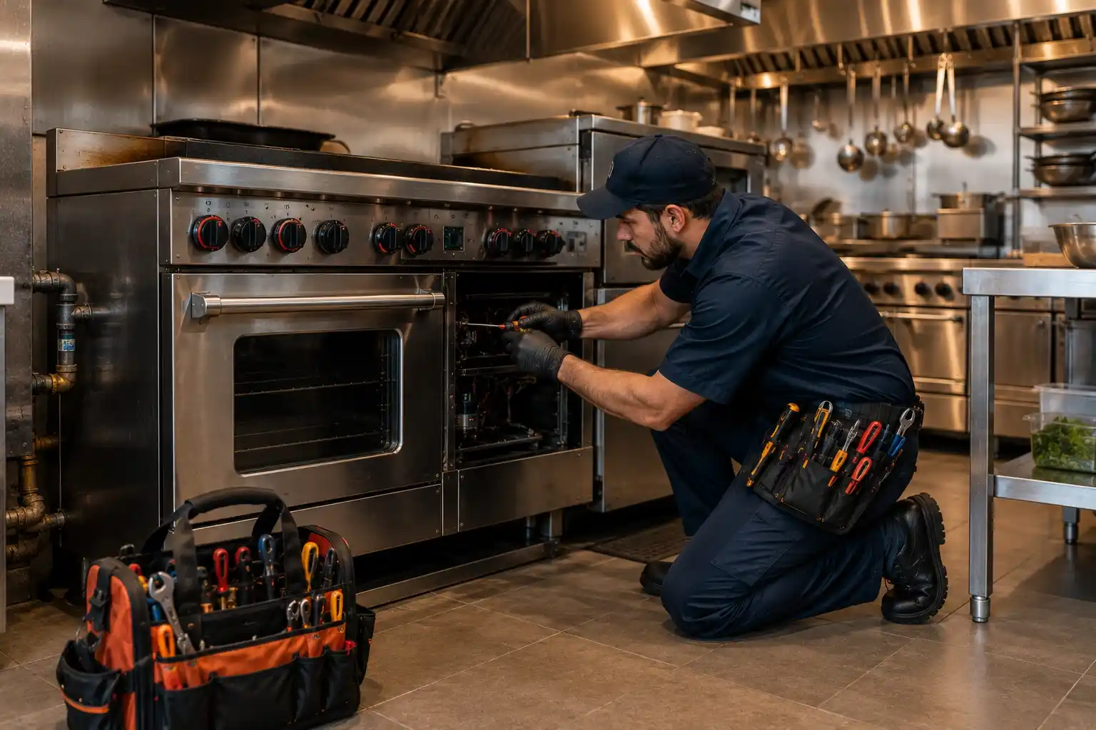 Commercial cooking equipment repair technician servicing a stainless steel oven in a professional restaurant kitchen in Bend, Oregon.