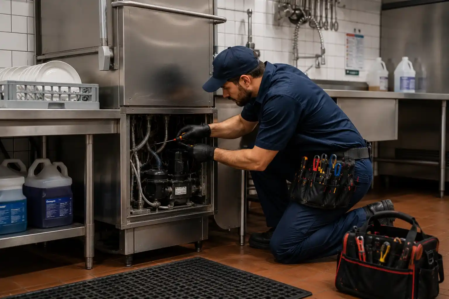 Commercial dishwasher repair technician servicing a stainless steel restaurant dishwasher in a professional kitchen in Bend, Oregon.