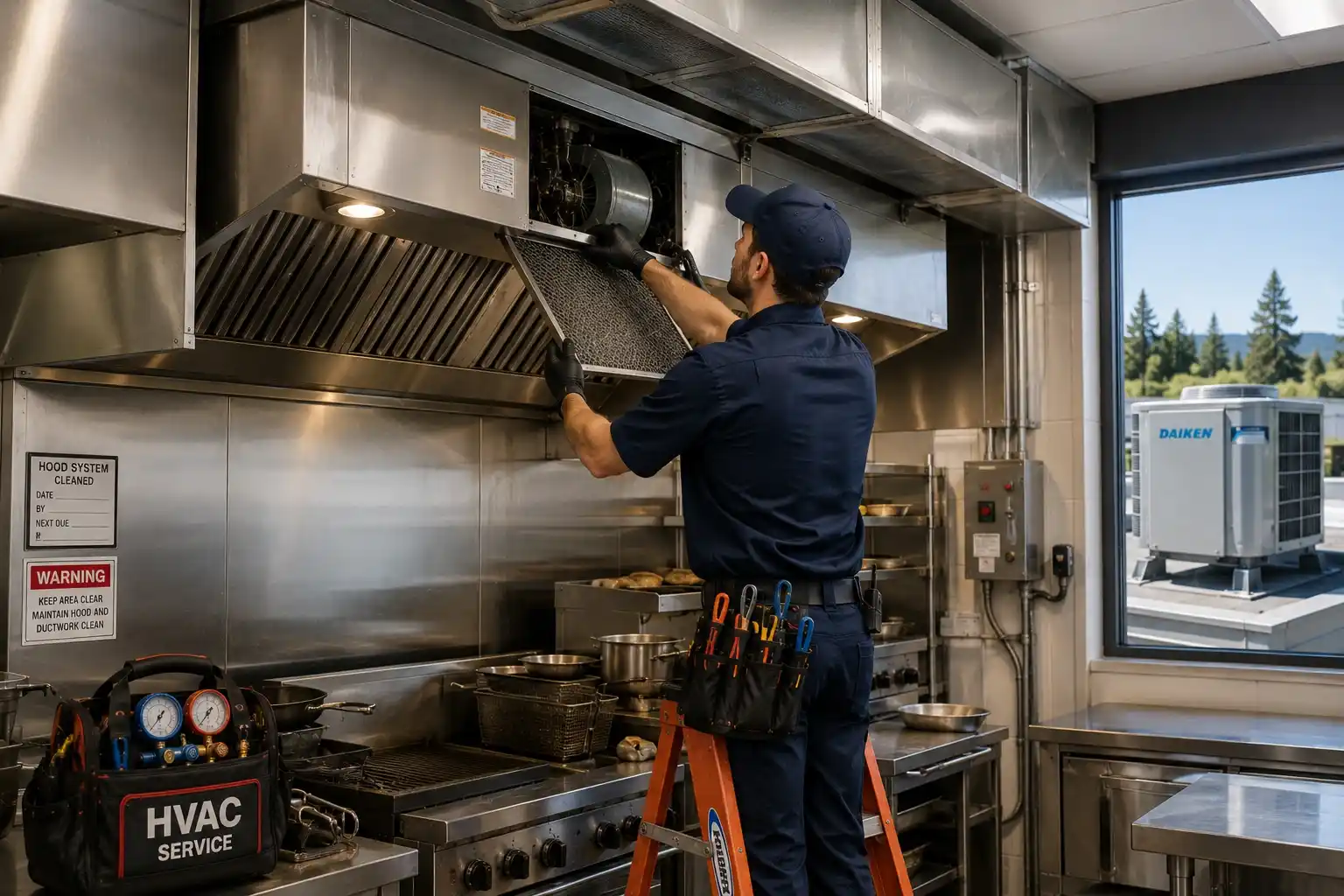 Commercial HVAC repair technician servicing a restaurant kitchen ventilation hood and exhaust system in Bend, Oregon.