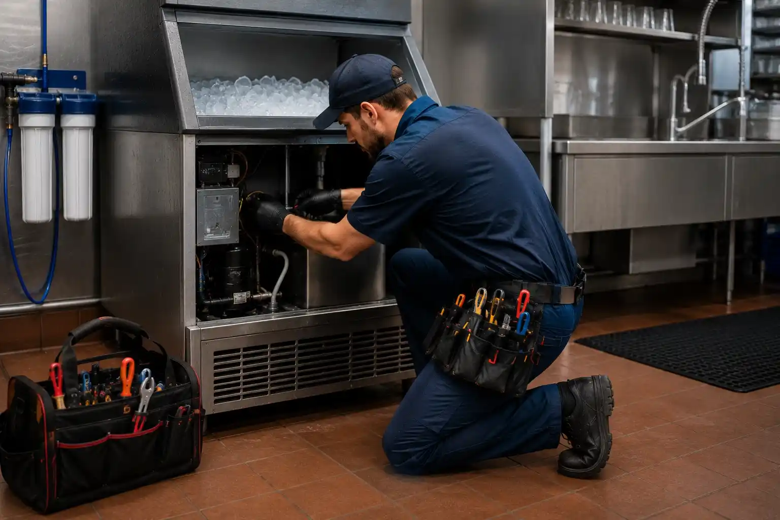 Commercial ice machine repair technician servicing a restaurant ice maker and water filtration system in Bend, Oregon.
