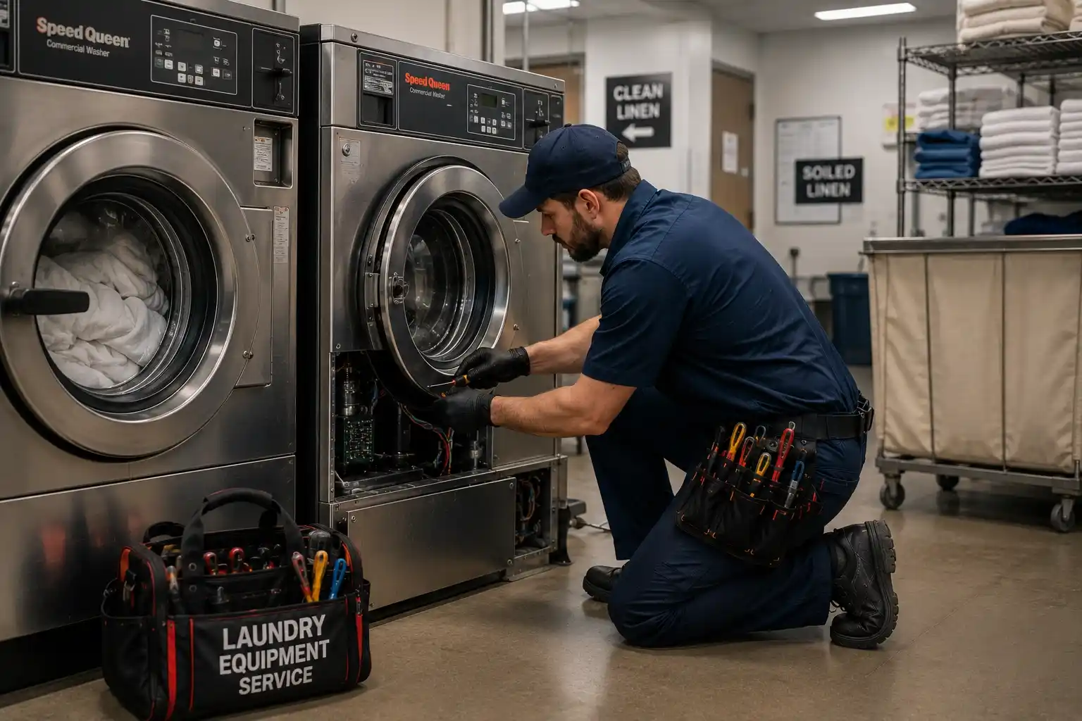 Commercial laundry equipment repair technician servicing industrial washing machines in a hotel laundry facility in Bend, Oregon.