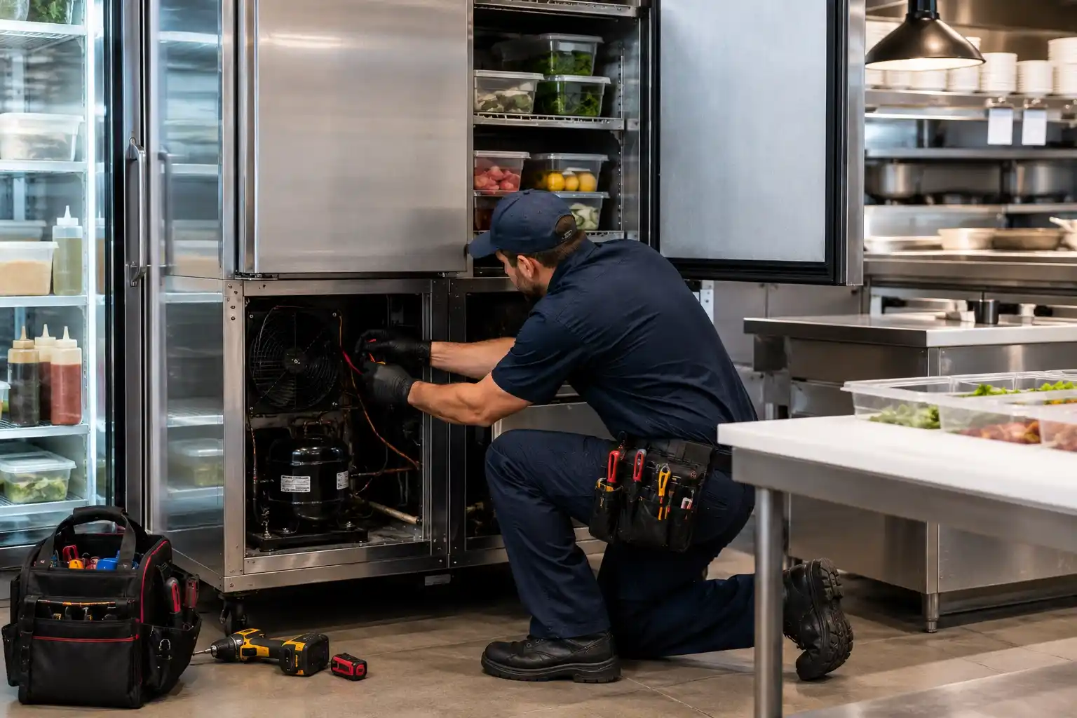 Commercial refrigeration repair technician servicing a stainless steel reach-in refrigerator in a professional restaurant kitchen in Bend, Oregon.