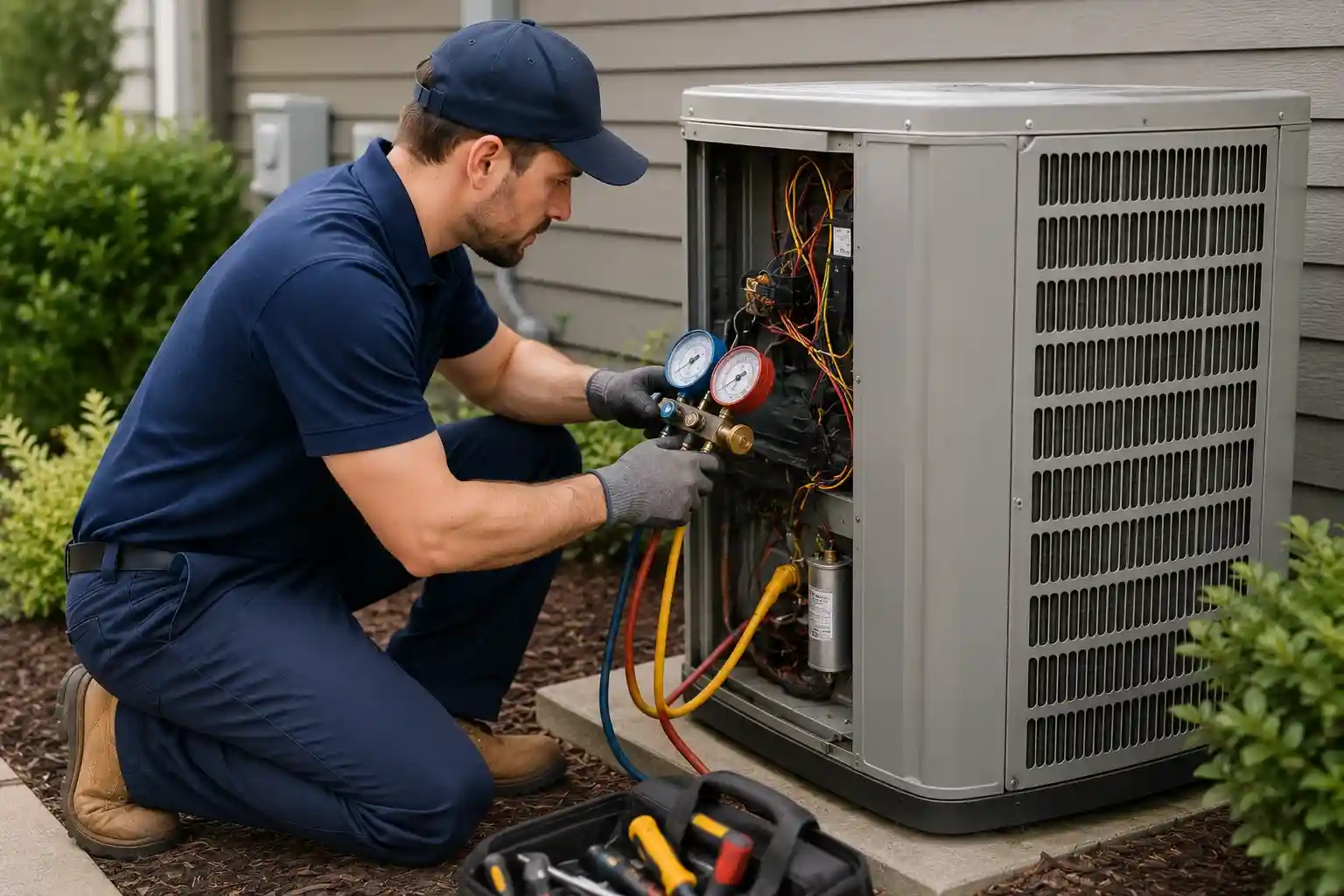 HVAC technician repairing an outdoor air conditioning unit at a home in Boyd Acres Bend OR