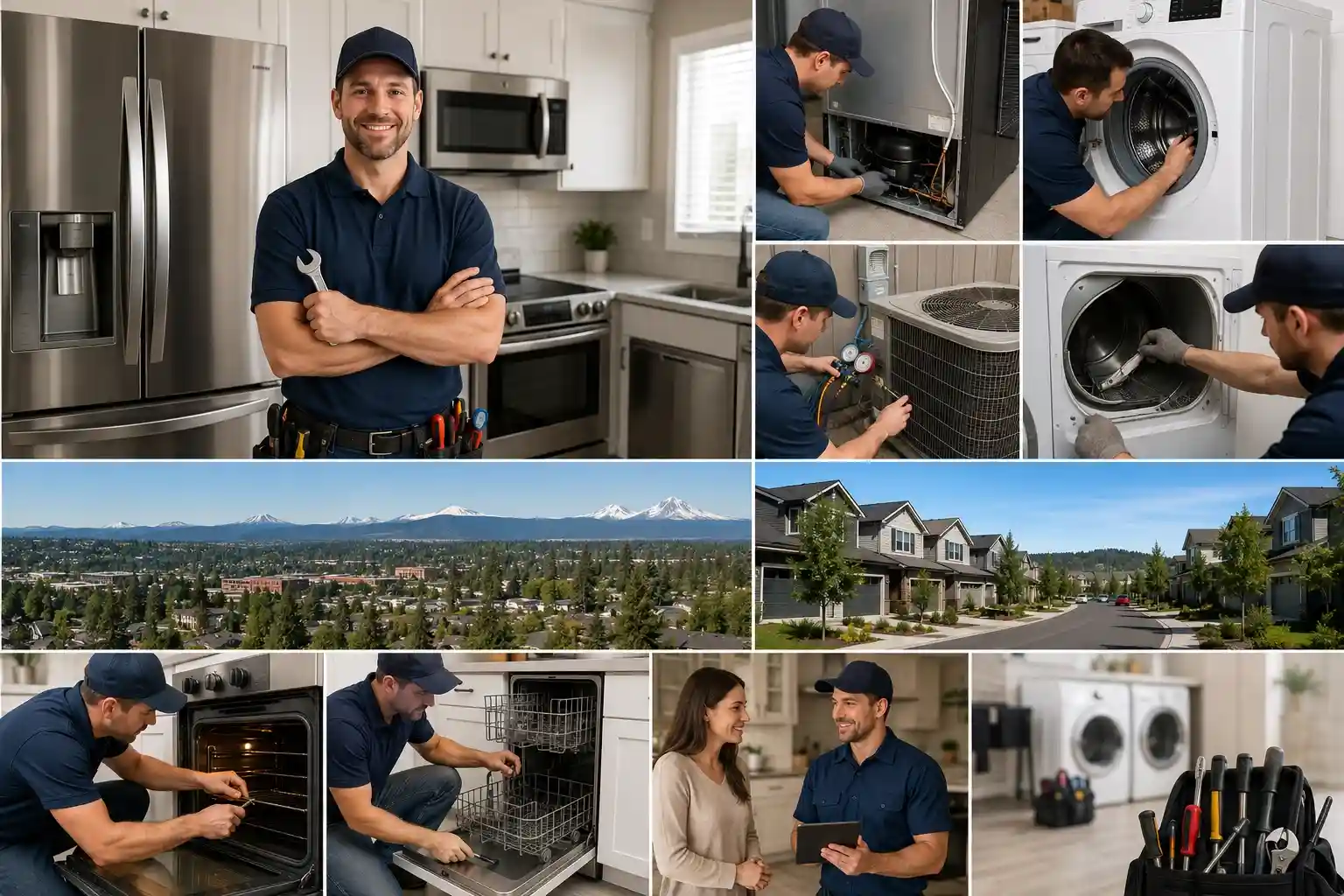 Local appliance repair technician servicing refrigerator, washer, dryer, dishwasher, and oven in Boyd Acres Bend OR