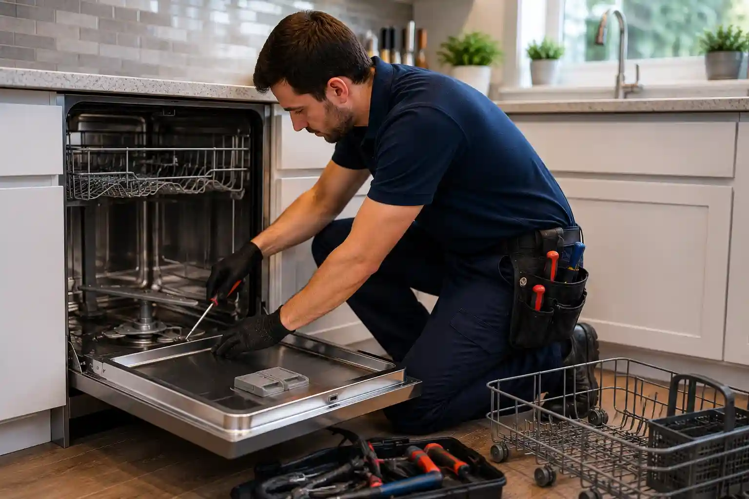 Technician repairing a dishwasher with drainage and cleaning issues in Boyd Acres