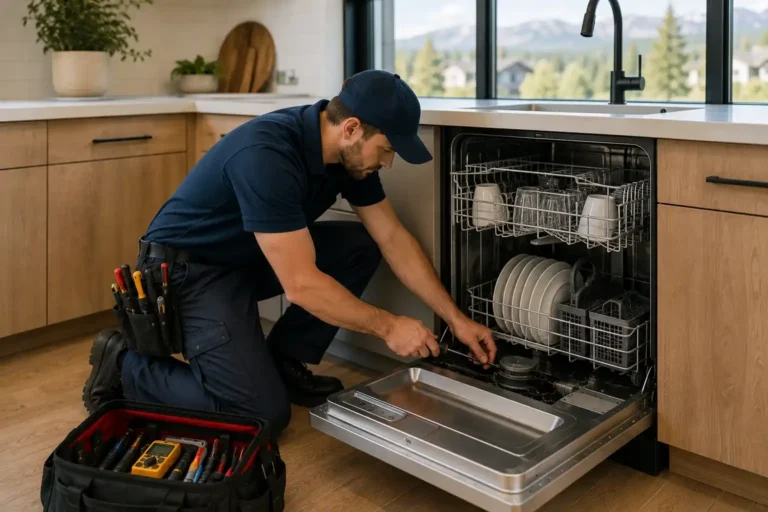 Technician repairing a built-in dishwasher in a modern Northwest Crossing kitchen in Bend, Oregon