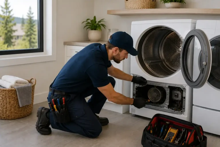 Technician repairing a front-load dryer in a Northwest Crossing home in Bend, Oregon
