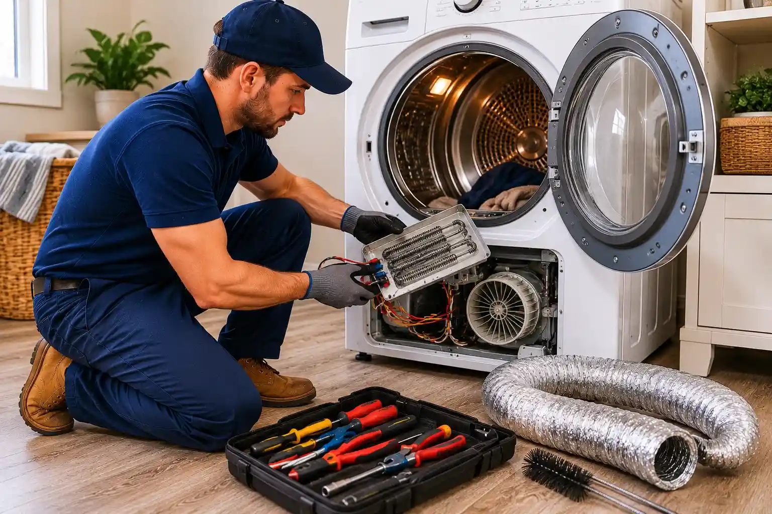 Dryer repair service fixing damp clothes, heating, and vent issues