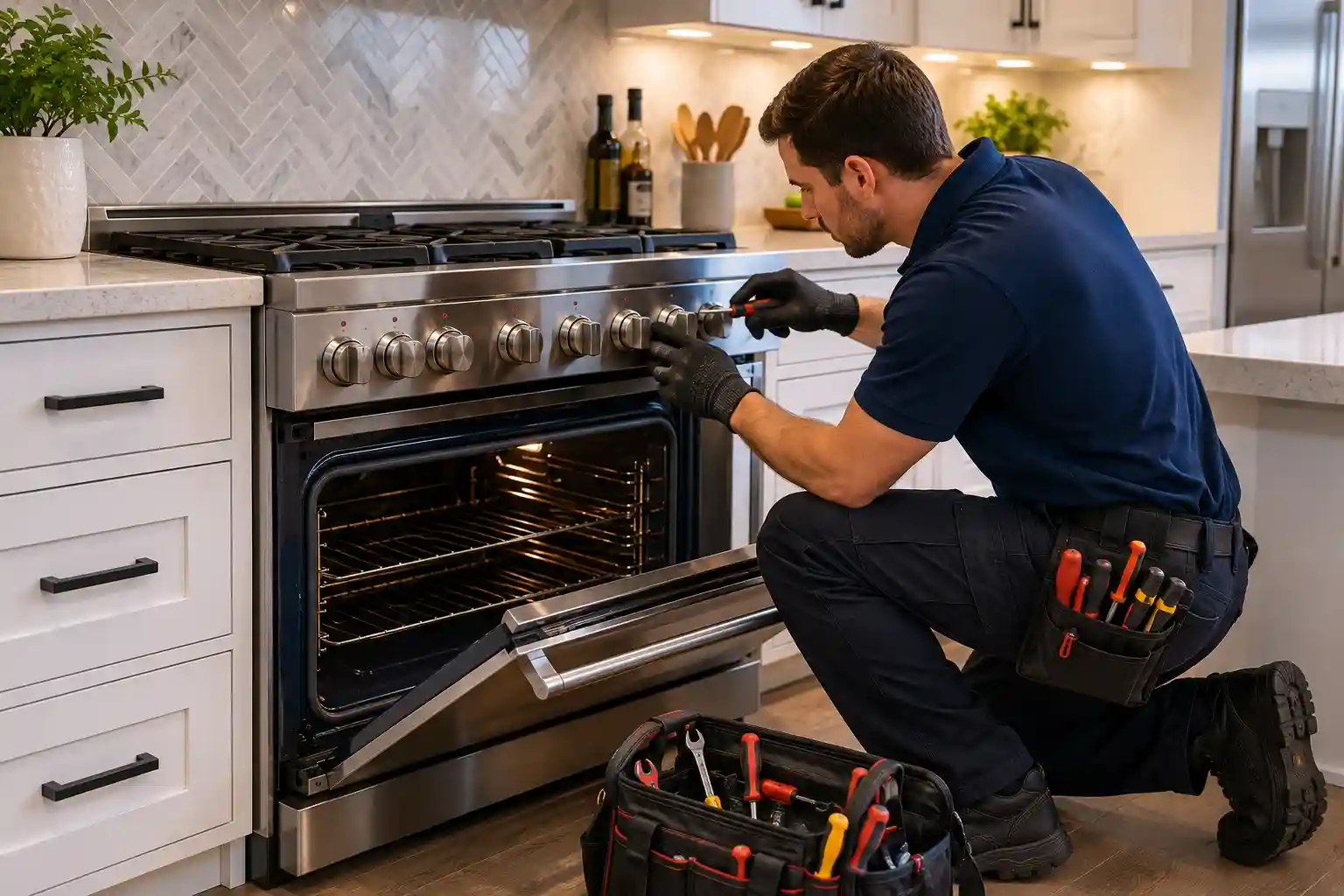 Technician repairing a gas and electric oven range in a modern Boyd Acres kitchen
