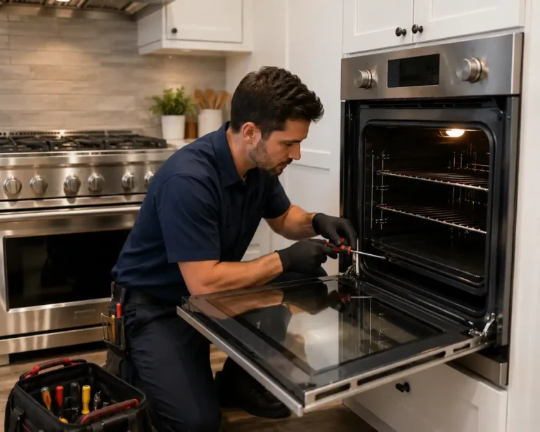 Technician repairing a residential oven and range in a modern kitchen with professional appliance repair tools.
