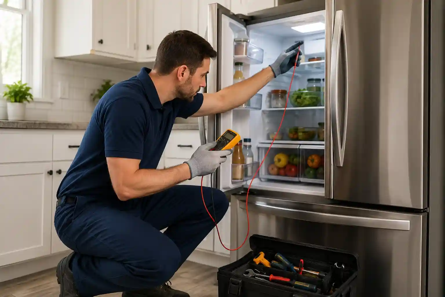 Technician diagnosing a refrigerator cooling problem in a Boyd Acres Bend OR home kitchen