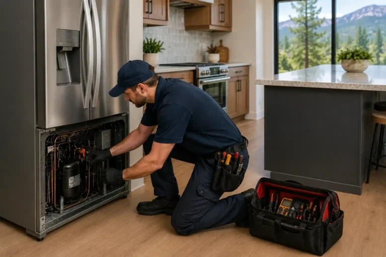 Technician repairing a refrigerator in a modern Northwest Crossing home in Bend, Oregon