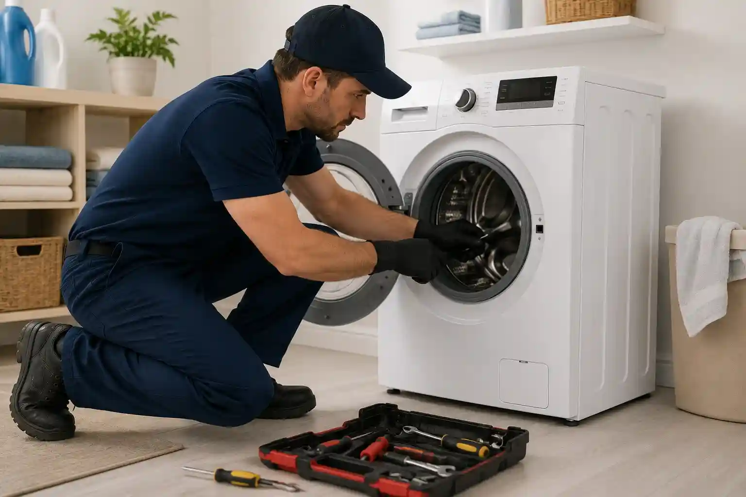 Technician repairing a front-load washing machine in a Boyd Acres Bend OR laundry room